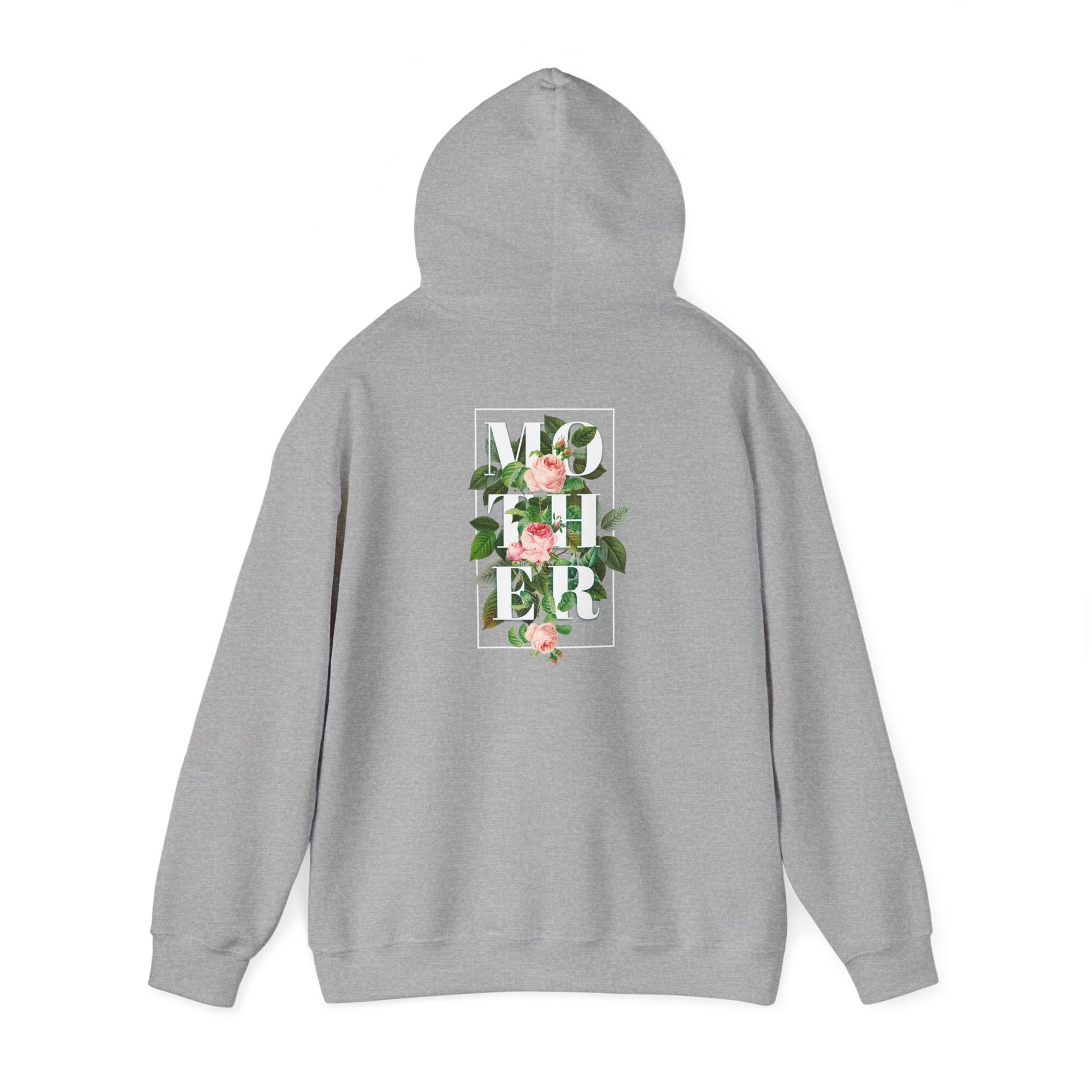 Impeccably styled grey hoodie showcasing a floral back print that spells out 'MOTHER' in bold typography, adorned with delicate pink roses and lush green leaves, encapsulated in a refined square design.