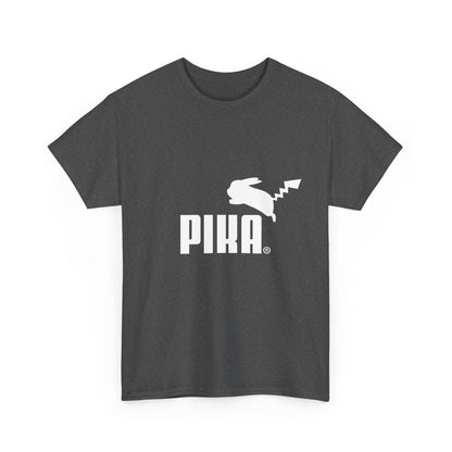Front view of the sophisticated Pokemon Character Puma Logo Graphic T-Shirt in dark grey, featuring the iconic Pika logo for a modern and trendy look.