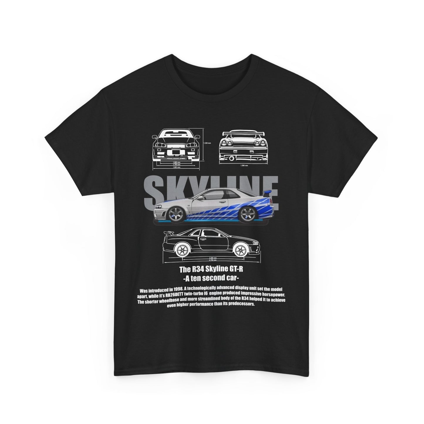 Stylish black men's t-shirt showcasing the R34 Skyline GT-R with detailed automotive graphics and text, perfect for car lovers.
