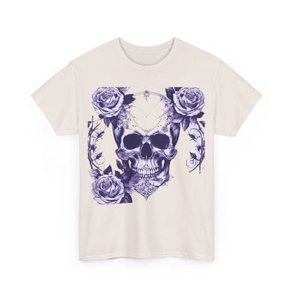 Skulls and Roses Cotton Tee featuring an intricate steampunk design with a skull surrounded by roses, reflecting edgy luxury style.