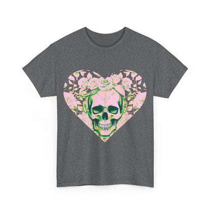 Front view of the Skulls and Roses Cotton Tee in dark grey, featuring a captivating skull and rose heart graphic, making it a standout piece for edgy wardrobes.
