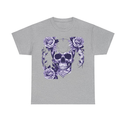 Sophisticated Skulls and Roses Cotton Tee in grey, displaying intricate skull and rose artwork, ideal for making a bold fashion statement.