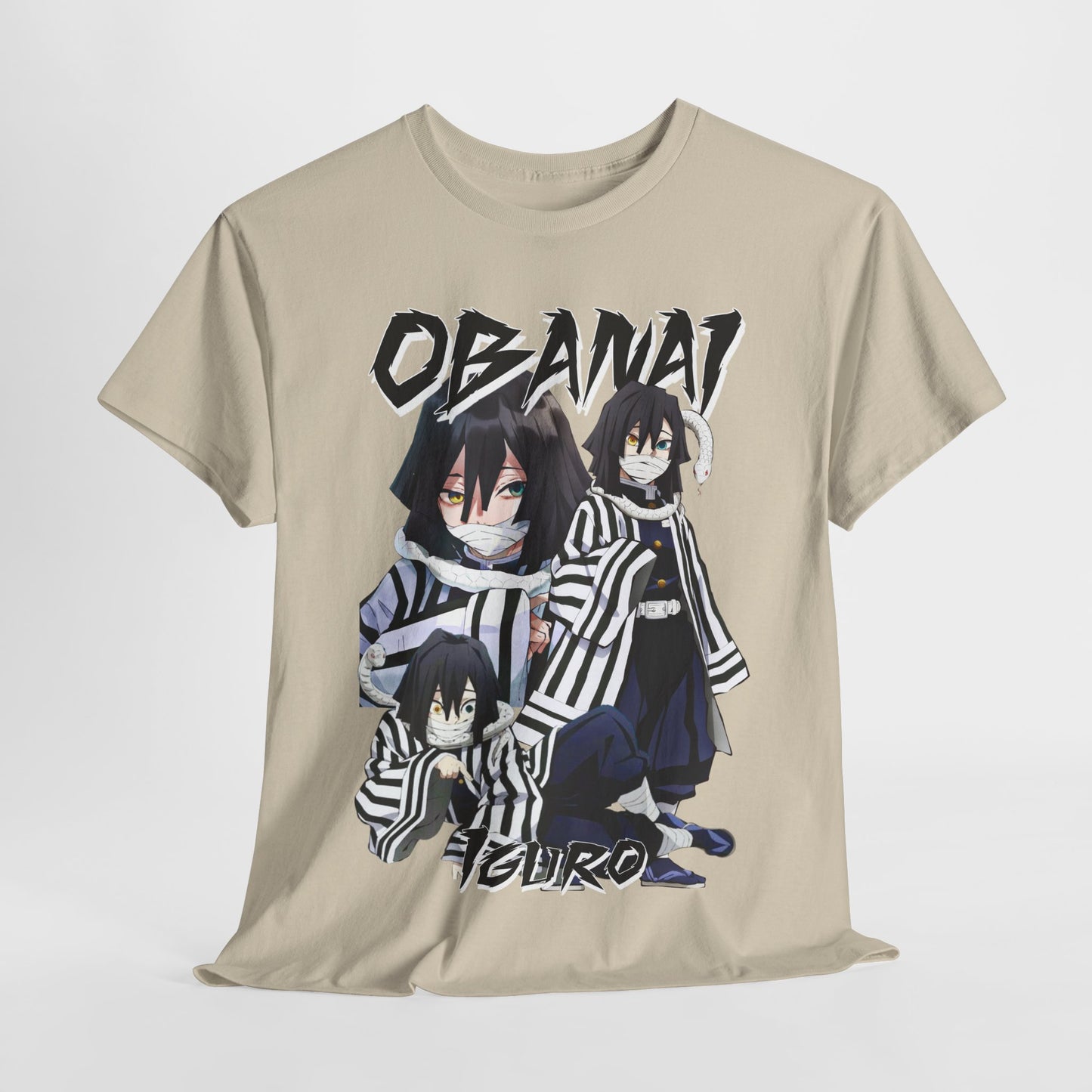 Luxurious beige T-shirt featuring a stylish illustration of Obanai Iguro from Demon Slayer, showcasing intricate design elements for anime enthusiasts.