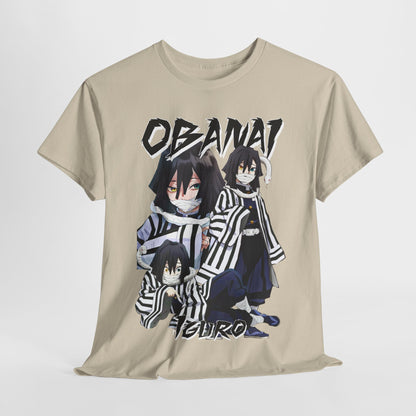 Chic Obanai Iguro T-shirt artfully arranged on a neutral background, highlighting its unique character design for anime lovers.