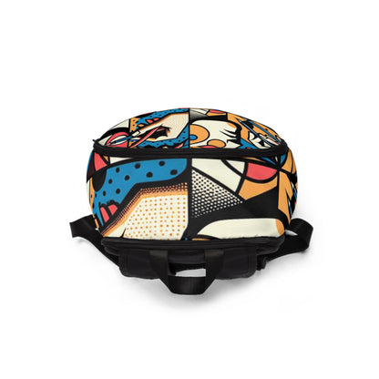 Dazzling Dreams Studio Pop Art Backpack displayed against a stylish backdrop, highlighting its striking visual appeal and comfort, perfect for elevating any outfit.
