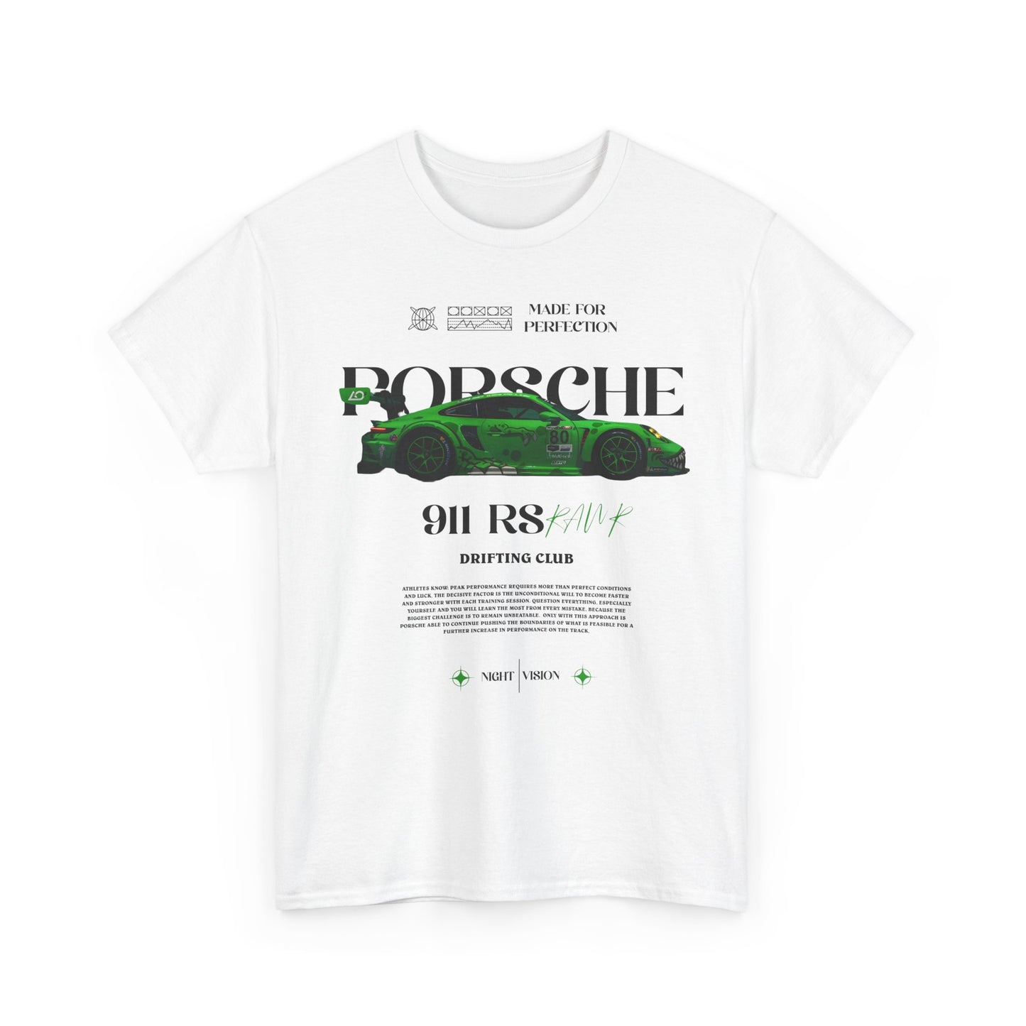 Front view of a white T-shirt featuring a striking graphic design of the Porsche 911 RS, emblazoned with 'DRIFTING CLUB', ideal for motorsport enthusiasts.