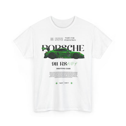 Front view of a white T-shirt featuring a striking graphic design of the Porsche 911 RS, emblazoned with 'DRIFTING CLUB', ideal for motorsport enthusiasts.