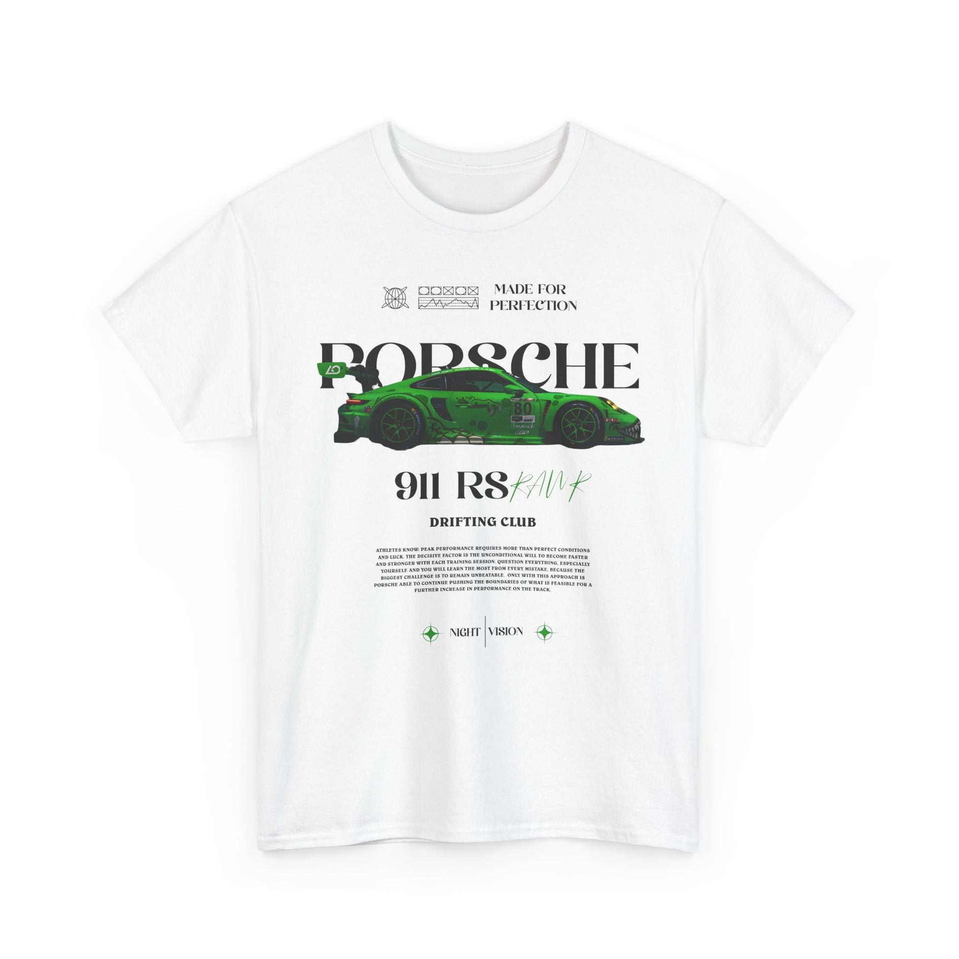Luxurious Porsche 911 RS men's t-shirt featuring a striking graphic of the iconic green sports car, styled with bold typography and 'Drifting Club' design, perfect for automotive enthusiasts.