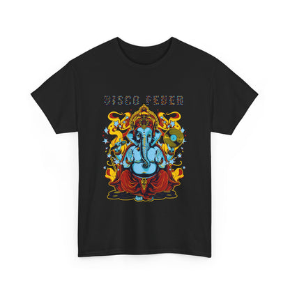 Elegant black t-shirt featuring a striking Lord Ganesha graphic design in vivid colours, complete with the bold text 'DISCO FEVER', merging traditional artistry with modern style.
