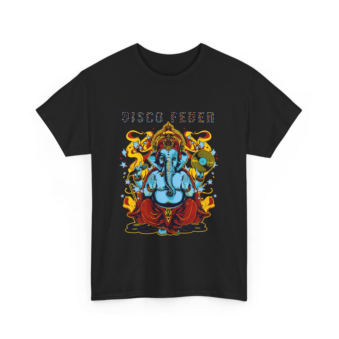 Striking black graphic t-shirt featuring a vibrant illustration of Lord Ganesha, embodying a blend of culture and modern disco aesthetics.