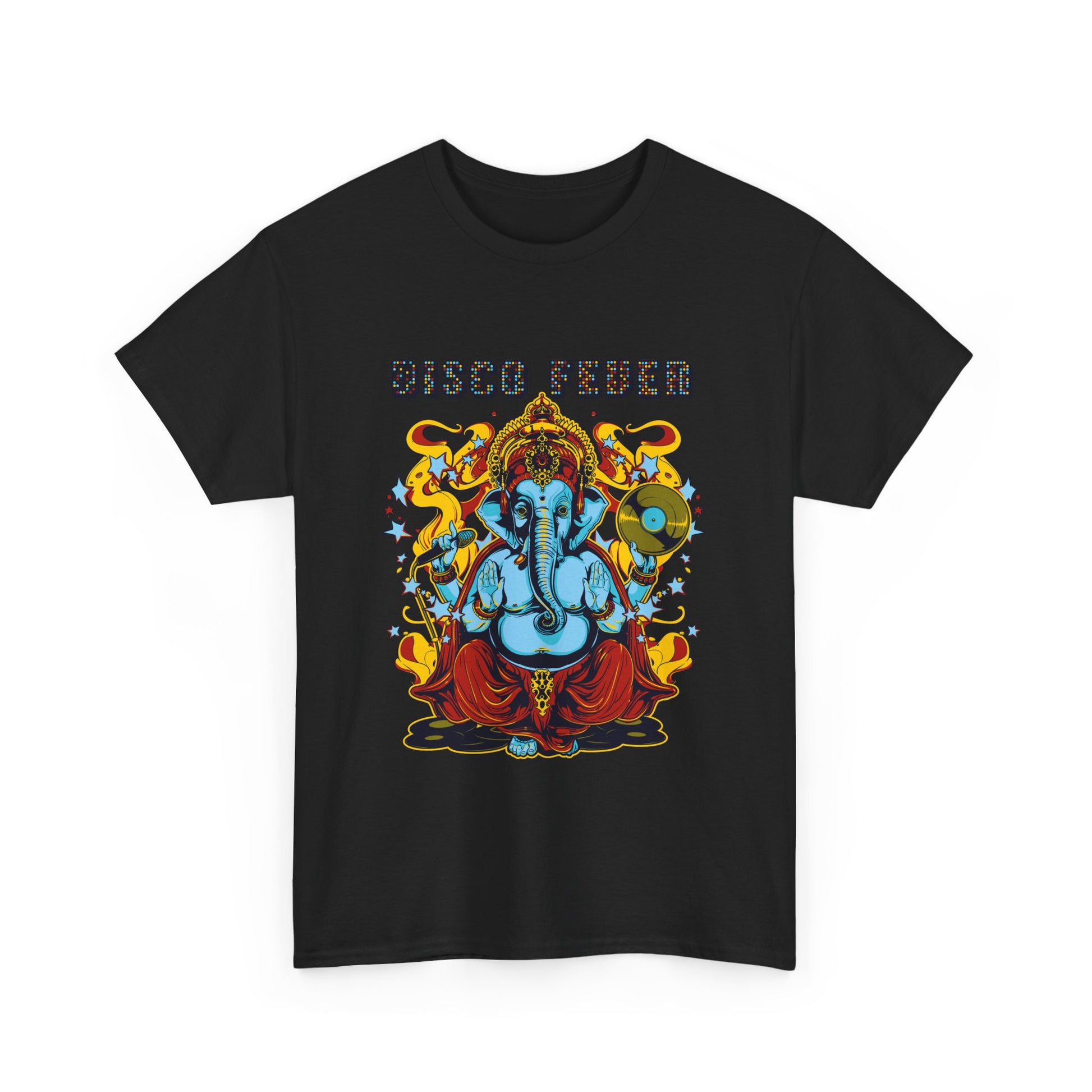 Striking black graphic t-shirt featuring a vibrant illustration of Lord Ganesha, embodying a blend of culture and modern disco aesthetics.