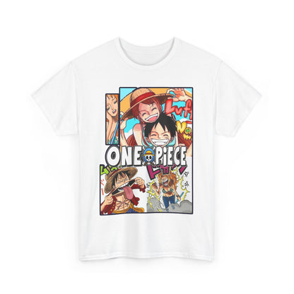 Front design of a premium white T-shirt featuring a nostalgic One Piece manga collage, highlighting iconic characters and scenes.