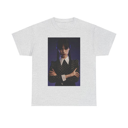Unveil sophistication with the 'Wednesday: Embrace the Dark Elegance!' unisex graphic tee, portraying a captivating figure in a timeless gothic ensemble.