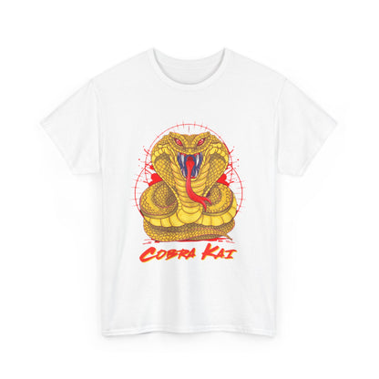 Elegant Cobra Kai unisex tee showcasing a bold yellow snake illustration, ideal for expressing martial arts passion with flair.
