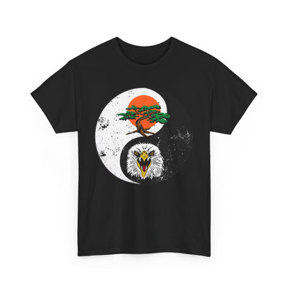Elegant unisex black t-shirt with a detailed yin-yang print, combining a stylised bonsai tree, a bold sun, and a fierce eagle, ideal for those embracing martial arts culture.