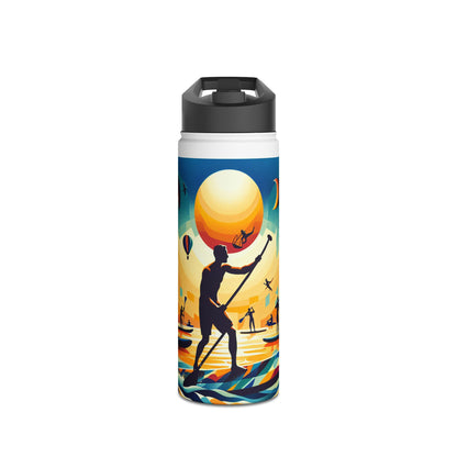 Fantasy Paddleboarding Stainless Steel Water Bottle featuring dynamic artwork of a paddleboarder, ideal for stylish hydration on water excursions.
