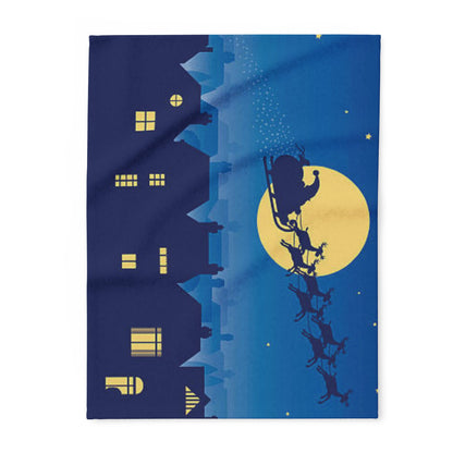 Decorative and Warm Christmas Arctic Fleece Blanket featuring a whimsical winter scene with Santa Claus in a sleigh against a full moon, surrounded by silhouetted houses and reindeer, perfect for adding a festive touch to your holiday decor.
