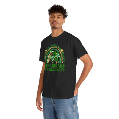 Male model wearing St Patricks Day Unisex Men's Women's Graphic Cotton Funny T Shirt Tee Vintage with 'Shenanigans Coordinator' print, exuding festive charm for St. Patrick’s Day celebrations.