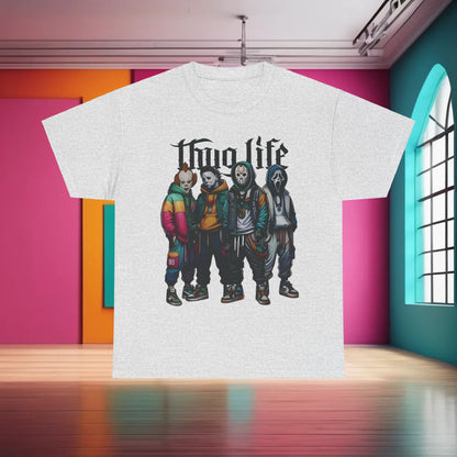 Chic Thug Life Horror Characters Graphic T-Shirt in grey, displaying legendary horror figures reimagined as urban icons, perfect for contemporary fashion lovers.