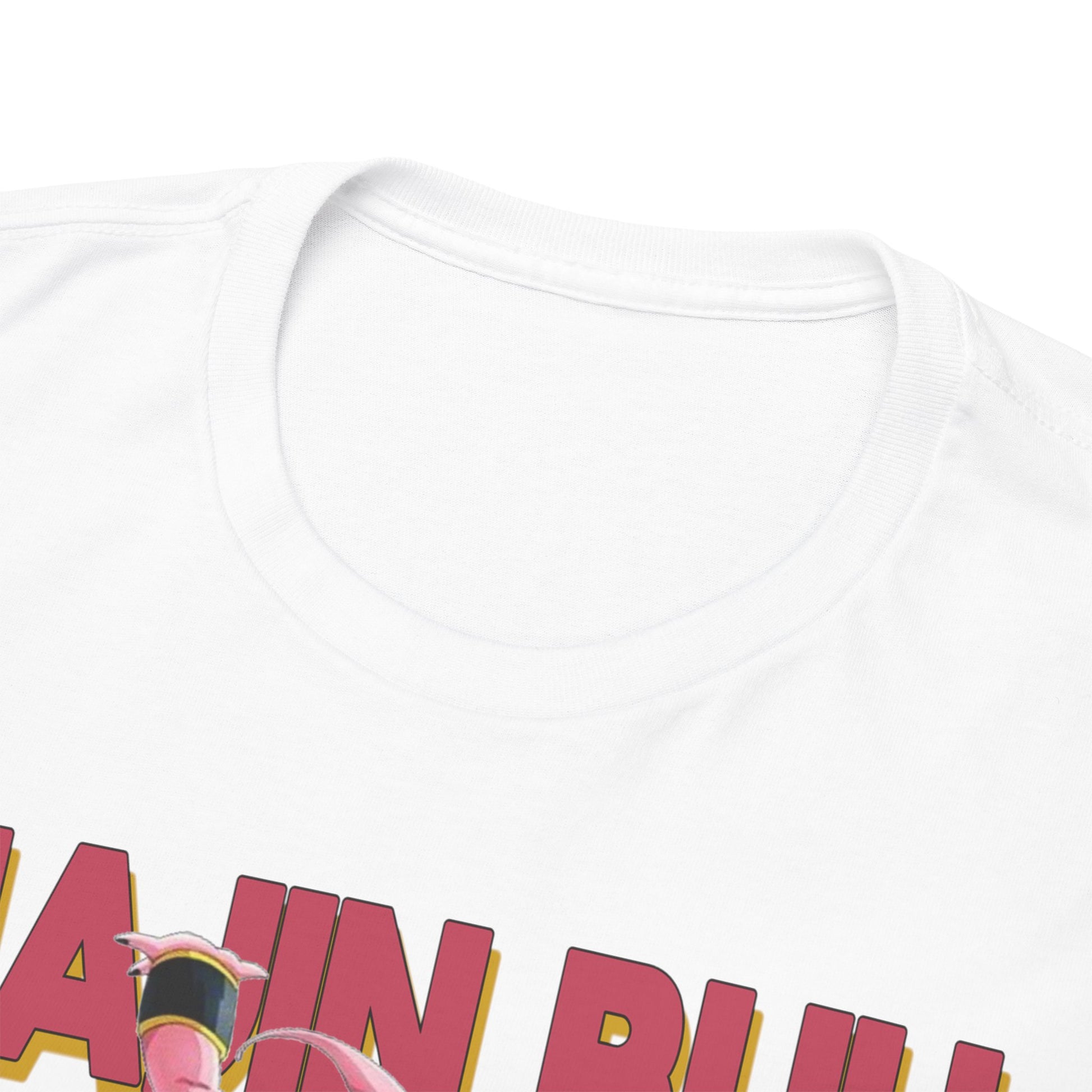Close-up detail of a high-quality white T-shirt neckline, featuring a striking Majin Buu print from Dragon Ball Z, highlighting fine craftsmanship.