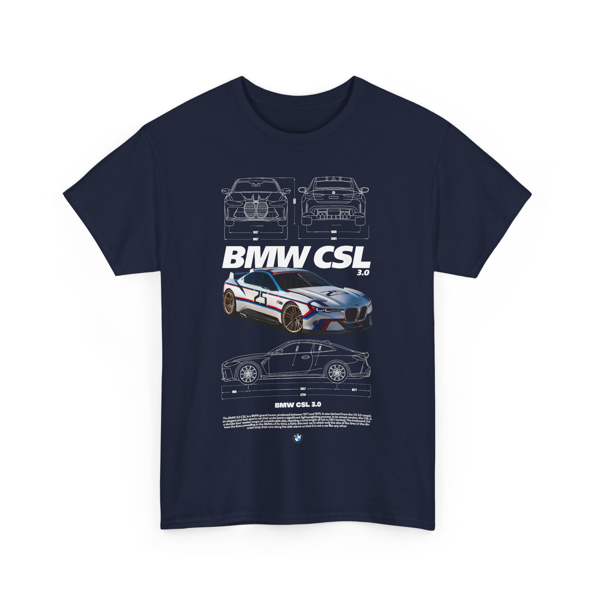 Front view of a premium navy blue men's T-shirt featuring a detailed graphic of the iconic BMW CSL 3.0 race car with engineering schematics.
