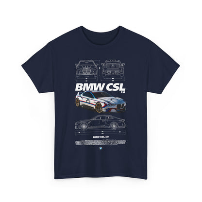 Front view of a premium navy blue men's T-shirt featuring a detailed graphic of the iconic BMW CSL 3.0 race car with engineering schematics.