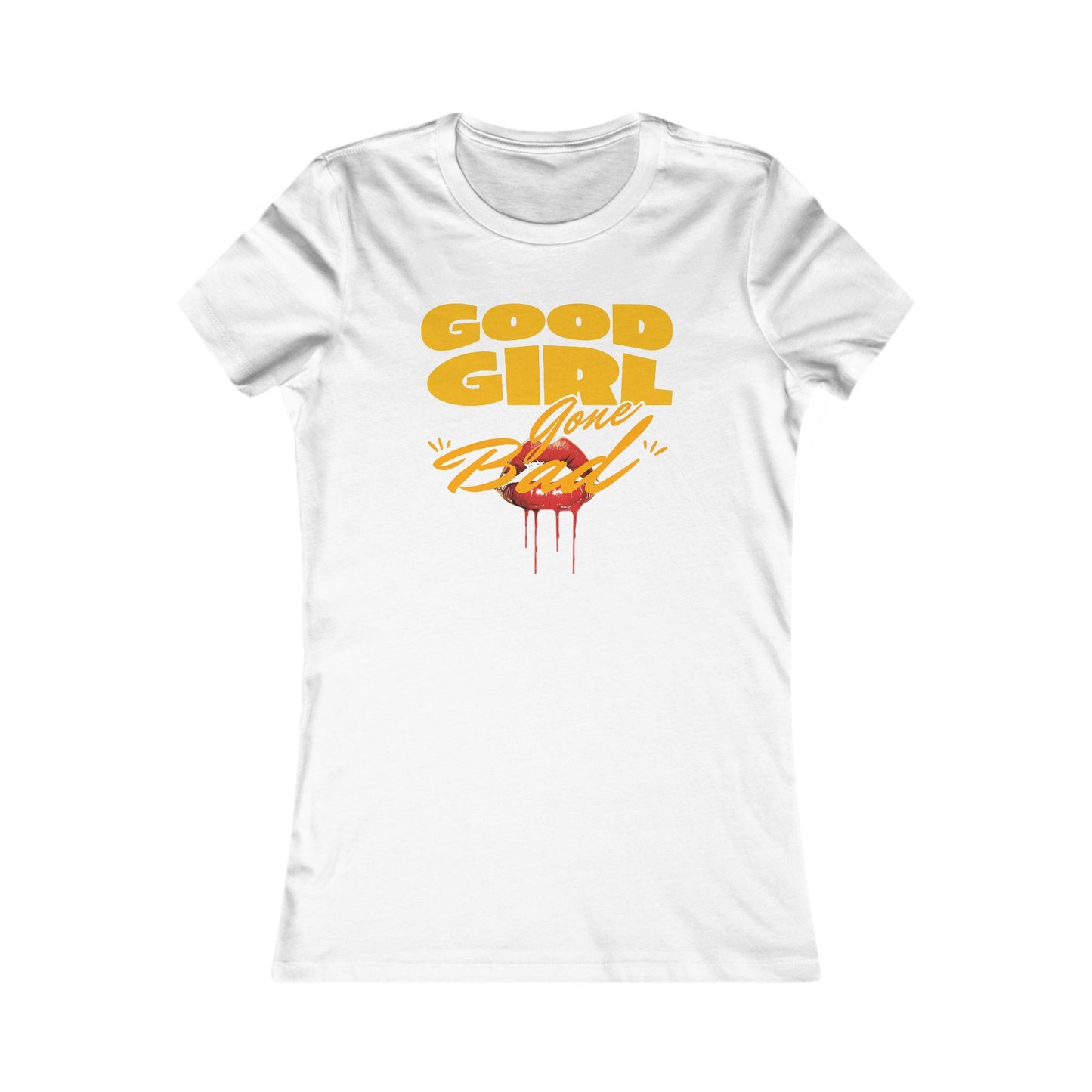 Elegant women's fitted T-shirt in white featuring the bold and playful phrase 'Good Girl Gone Bad' in striking yellow and red lips graphic, ideal for a chic and audacious fashion statement.