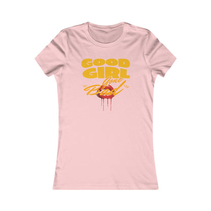 Chic pink fitted women's T-shirt emblazoned with the amusing slogan 'Good Girl Gone Bad' in bright yellow, featuring a captivating graphic of red lips and dripping details.
