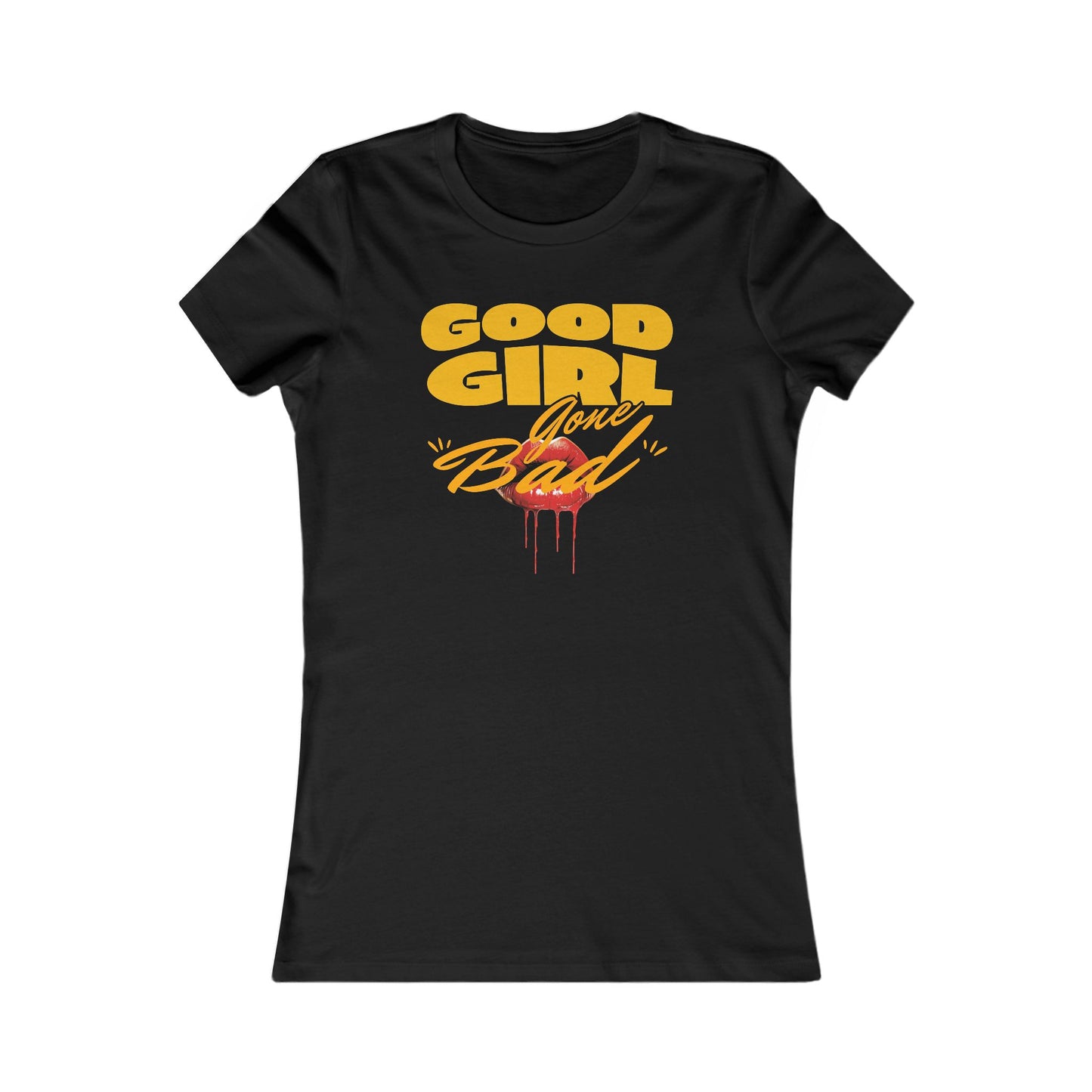 Elegant black fitted women's T-shirt featuring the bold, humorous text 'Good Girl Gone Bad' in eye-catching yellow, complemented by a striking graphic of red lips with dripping accents.