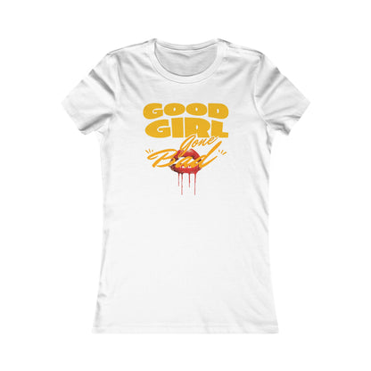 Luxury women's T-shirt featuring the bold text 'Good Girl Gone Bad' in striking yellow, adorned with a graphic of dripping red lips, perfect for a playful yet chic look.