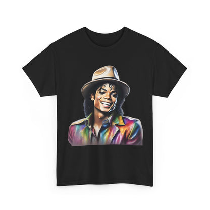 Michael Jackson Portrait Graphic Unisex T-Shirt showcasing a vibrant, stylized digital painting of the King of Pop, featuring a cheerful expression, a wide-brimmed fedora, and a dazzling multicolored jacket, ideal for luxury fashion enthusiasts.