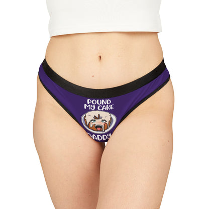 Luxurious purple women's thong featuring a playful graphic design with the phrase 'Pound My Cake Daddy', perfect for adding a cheeky touch to romantic occasions.