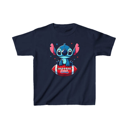 Elegant Unisex Kids Disney Stitch Cotton T-Shirt in deep navy, showcasing the playful Stitch character on a football, ideal for fashion-forward children.