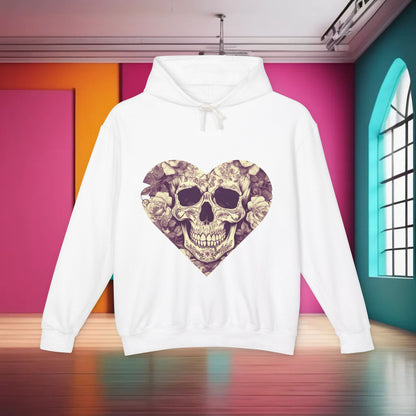Refined Unisex Lightweight Hooded Sweatshirt in white, highlighted by a unique designer skull and roses artwork, worn by a model in a modern interior.