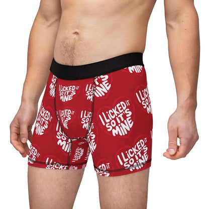 A model showcasing Valentines Naughty Cheeky Men's Boxer Briefs with a humorous message, perfect for birthday or anniversary gifts, combining romance and fun.