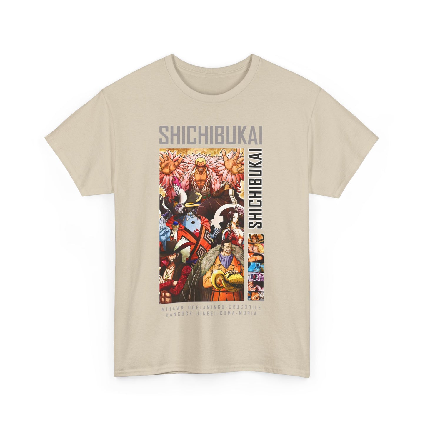 Elegant beige option of the One Piece Shichibukai Men's T-Shirt featuring striking character graphics, perfect for those who appreciate anime fashion with sophistication.