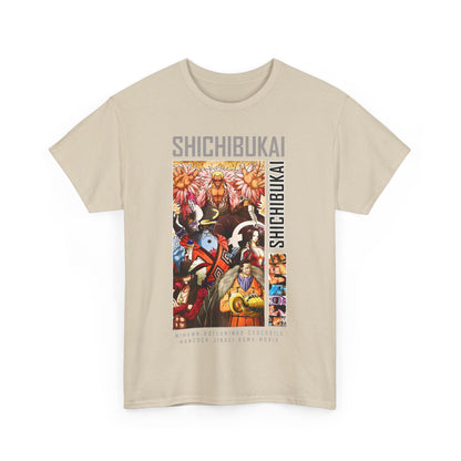 Elegant beige option of the One Piece Shichibukai Men's T-Shirt featuring striking character graphics, perfect for those who appreciate anime fashion with sophistication.