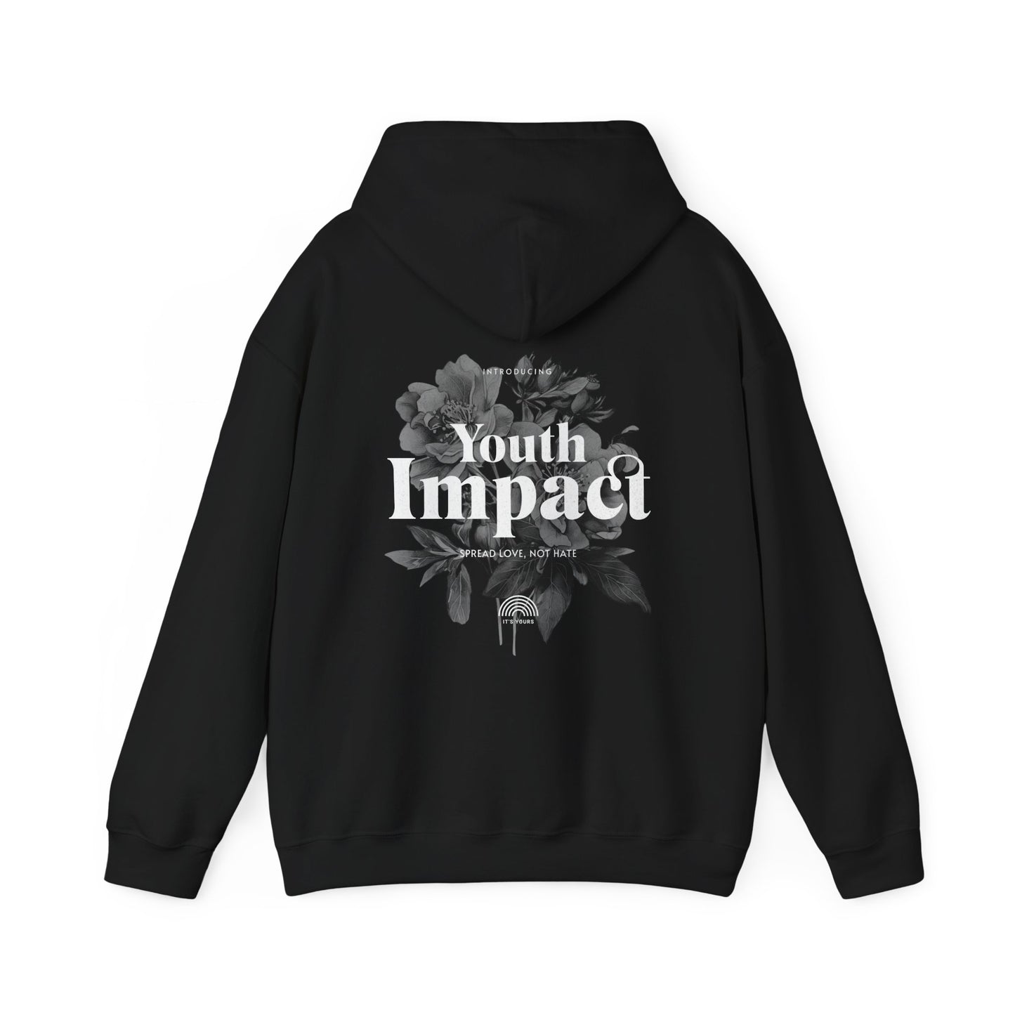 Elegant black hoodie featuring a vintage floral design with the text 'Youth Impact - Spread Love, Not Hate' in bold typography, perfect for stylish yet meaningful fashion.