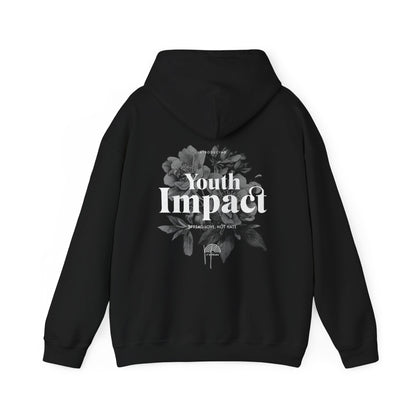 Elegant black hoodie featuring a vintage floral design with the text 'Youth Impact - Spread Love, Not Hate' in bold typography, perfect for stylish yet meaningful fashion.