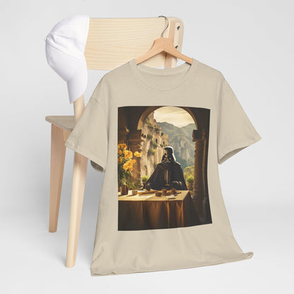 Luxurious beige unisex t-shirt featuring a graphic of Darth Vader in a serene Mediterranean landscape, elegantly displayed on a wooden hanger alongside a stylish cap.