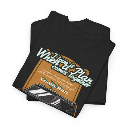 Folded The A Team Unisex Men’s Women’s Graphic T Shirt Tee displaying its elegant black and brown design with the classic van motif and inspiring phrases highlighting adventure and teamwork.