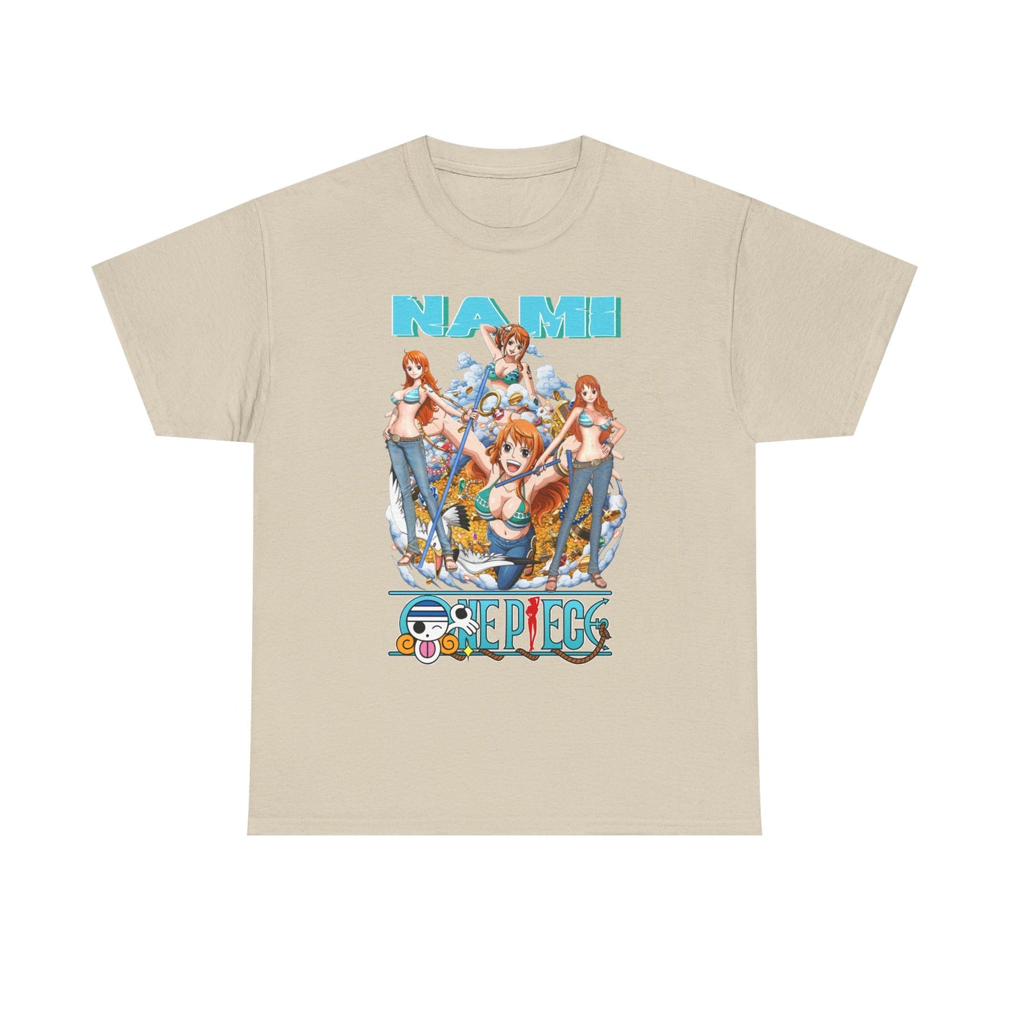 Premium Men's Nami Graphic T-Shirt in a sophisticated beige tone. This stylish tee features an eye-catching Nami print from 'One Piece', perfect for anime enthusiasts seeking luxury.