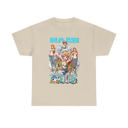 Premium Men's Nami Graphic T-Shirt in a sophisticated beige tone. This stylish tee features an eye-catching Nami print from 'One Piece', perfect for anime enthusiasts seeking luxury.