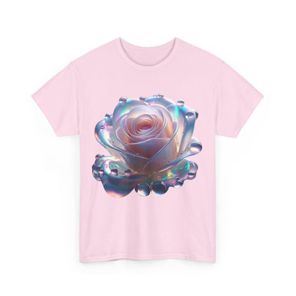 Front view of The Ethereal Rose Tee unisex cotton graphic t-shirt in soft pink, featuring a stunning close-up design of a stylized rose with iridescent effects, exuding elegance and artistry.