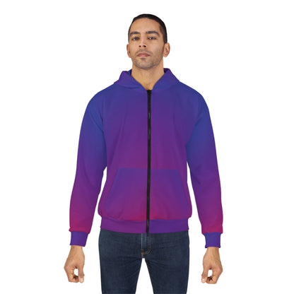 Man confidently modeling the Unisex Zip Up Hoodie Hooded Sweatshirt, featuring a striking blue and purple gradient, perfect for contemporary fashion enthusiasts.