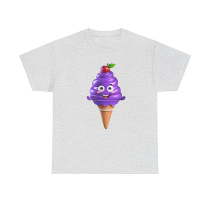 Scoop of Joy: Cartoon Ice Cream Cone Character Tee in grey, displaying a joyful ice cream cone character in rich purple, perfect for elevating everyday luxury with a playful touch.