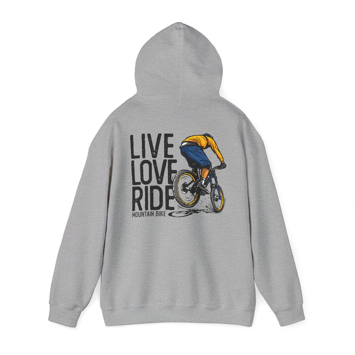 Distinctive grey hoodie showcasing a striking mountain biking illustration, emphasising the message 'LIVE LOVE RIDE' in bold typography.