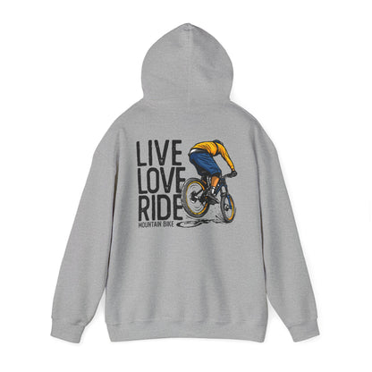 Distinctive grey hoodie showcasing a striking mountain biking illustration, emphasising the message 'LIVE LOVE RIDE' in bold typography.