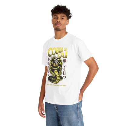 Elegant unisex Cobra Kai graphic t-shirt featuring a striking cobra design, embodying martial arts philosophy and style, perfect for casual outings or training sessions.