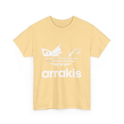 Arrakis Dune Graphic T-Shirt - Urban Unisex Cotton Tee for Fantasy Art Lovers, front view featuring striking white graphic design on a yellow background.